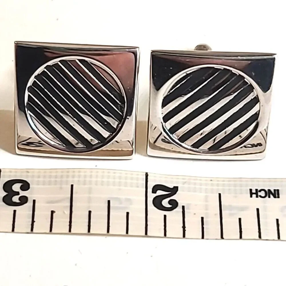 Vintage 70s Swank Cufflinks Silver Square with Silver and Black Circle